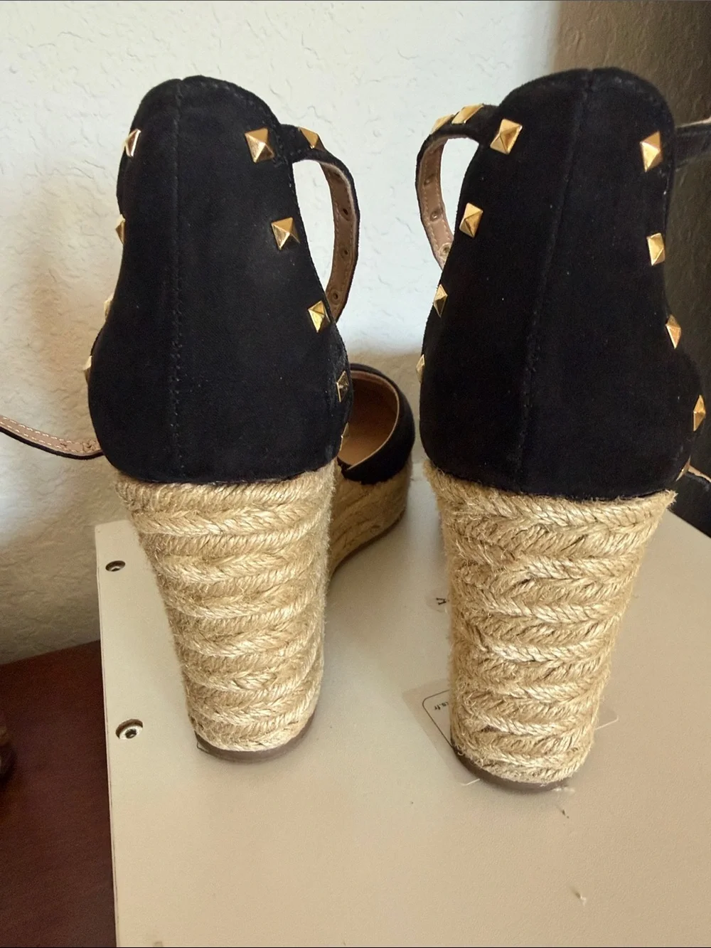 INC International Concepts Black Espadrille Wedge Sandals with Gold Stud Accents